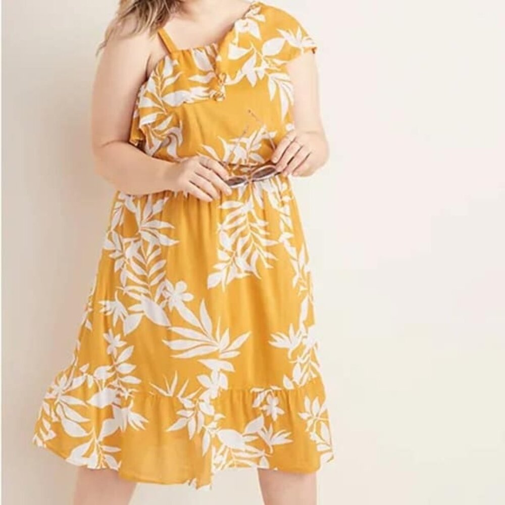 Yellow and White Floral One-Shoulder Dress